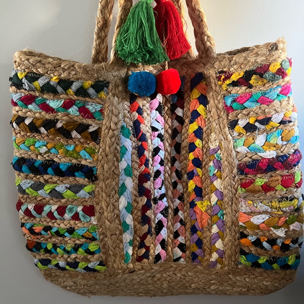 STUNNING boho tote shoulder bag unique colorful beachy raffia handmade